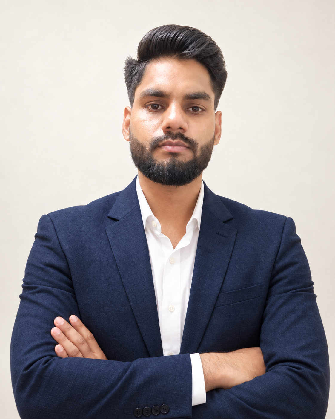 Mohit Pandey in a navy-blue suit and white shirt
